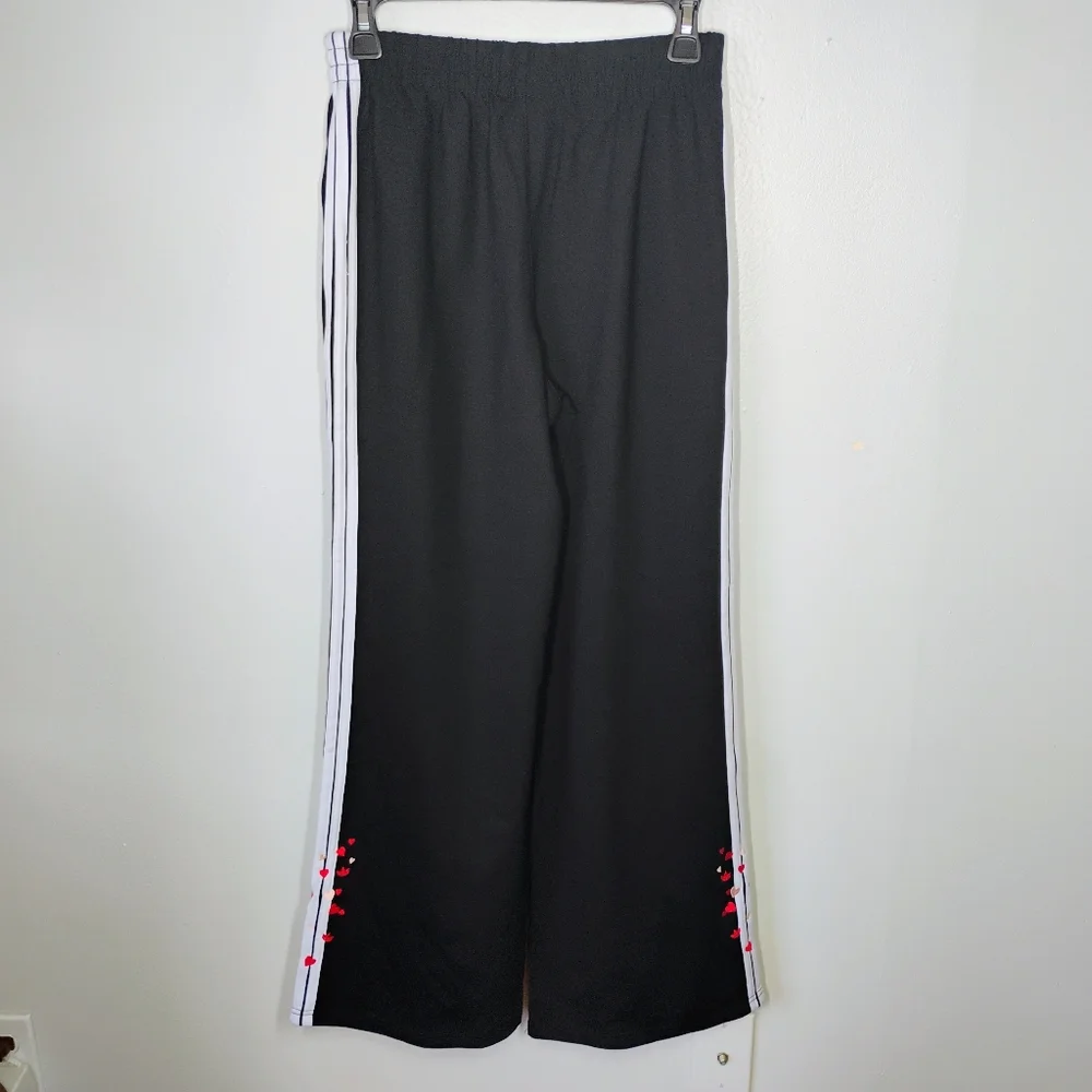 adidas Black Track Pants with White Side Stripes and Red/Gold Heart Embroidery - Picture 4 of 13
